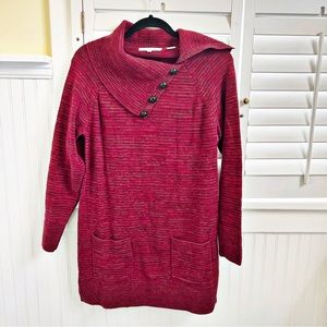 Eight eight eight Marled Cranberry Stripe Button Cowl Neck Sweater Dress Medium